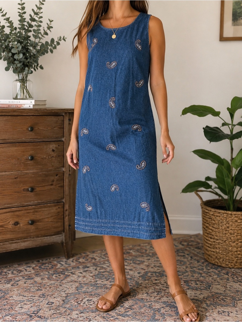Vintage Jane Ashley Denim Paisley Beaded Midi Dress Cottagecore Y2K Large